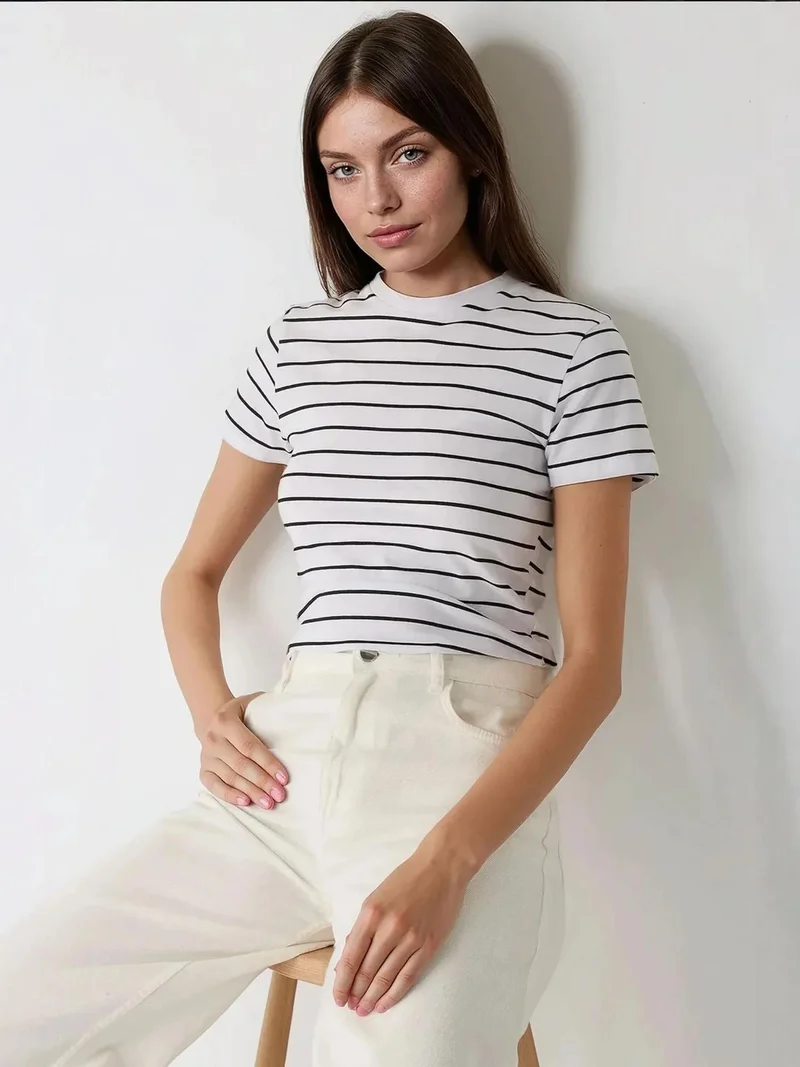 HICCUP Striped Crew Collar T-Shirt